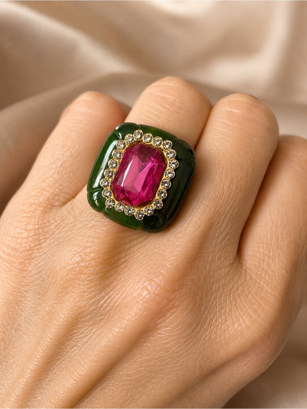 Italian Luxury Jewelry Green Statement Ring Pink Crystal Rhinestone Size 7.5